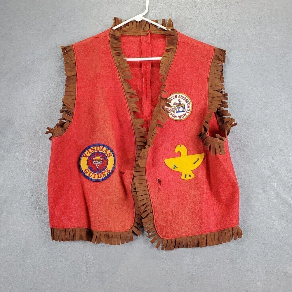 Vtg YMCA Y Indian Guides Vest Mens Large Red Pow Wow Felt Fabric Prairi Kee KC